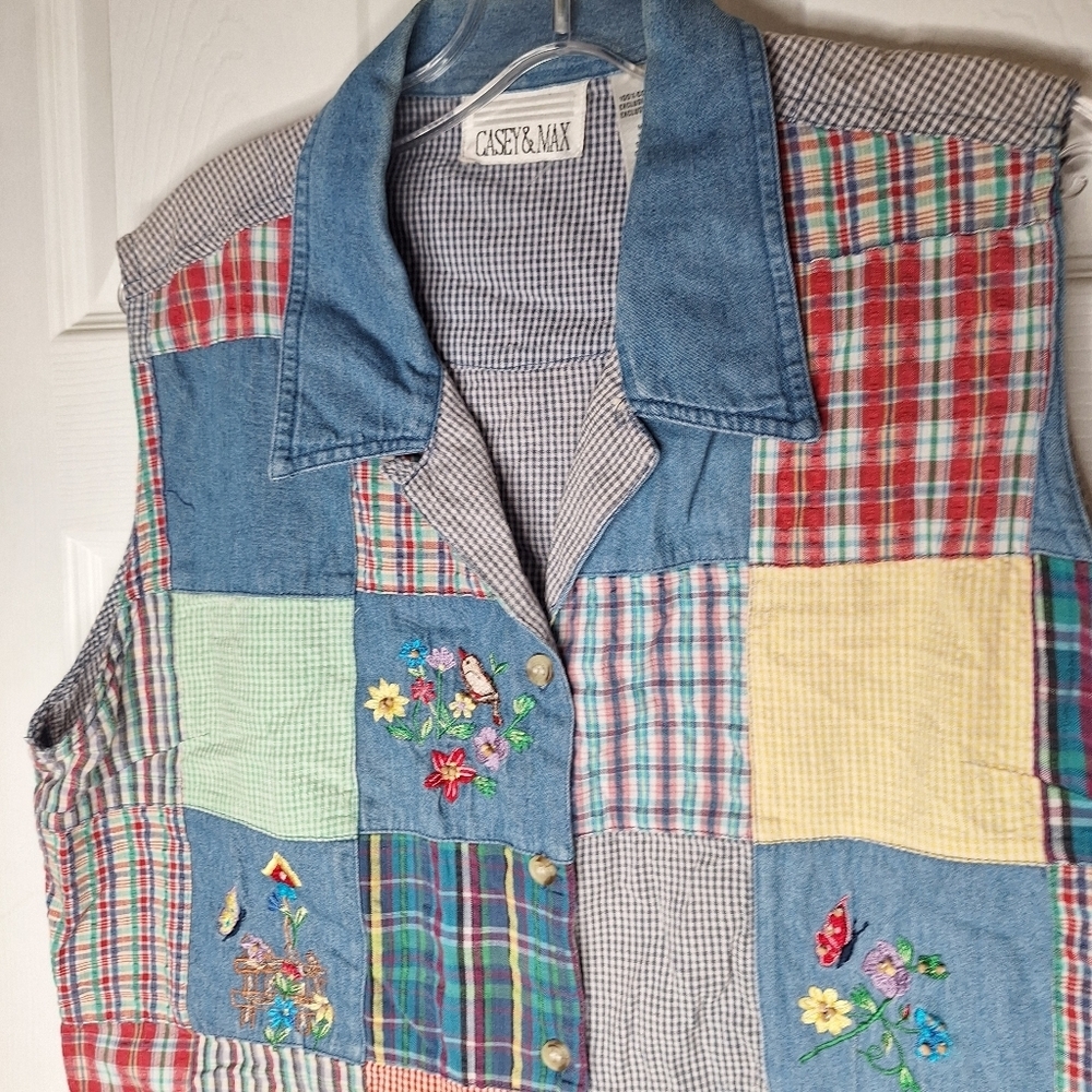 Vintage Casey & Max Denim Lattice Plaid Quilt Vest Size Large - Picture 3 of 5